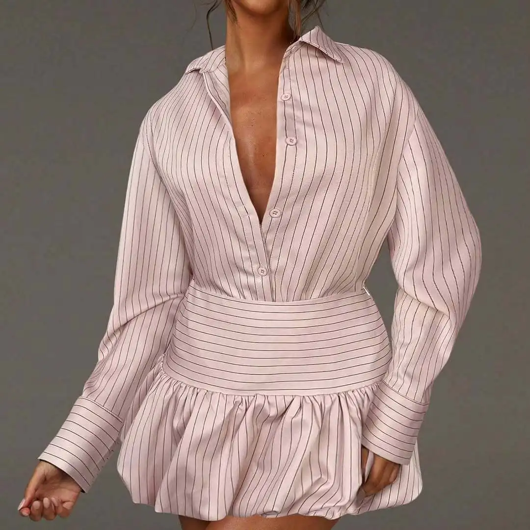 

Новый стиль Весна/Осень 2026: Комплект из полосатой рубашки с длинным рукавом и юбки с высокой талией