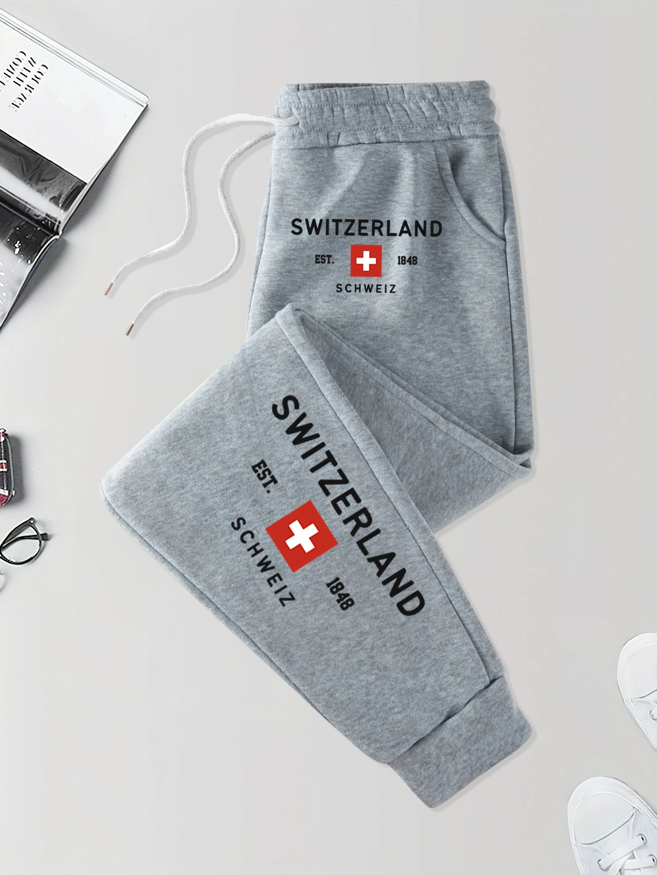 

Switzerland Est 1848 Prints Sports Pant Men Pocket Autumn Britches Elastic Waist Fleece Sportpants Trendy Street Trousers Unisex