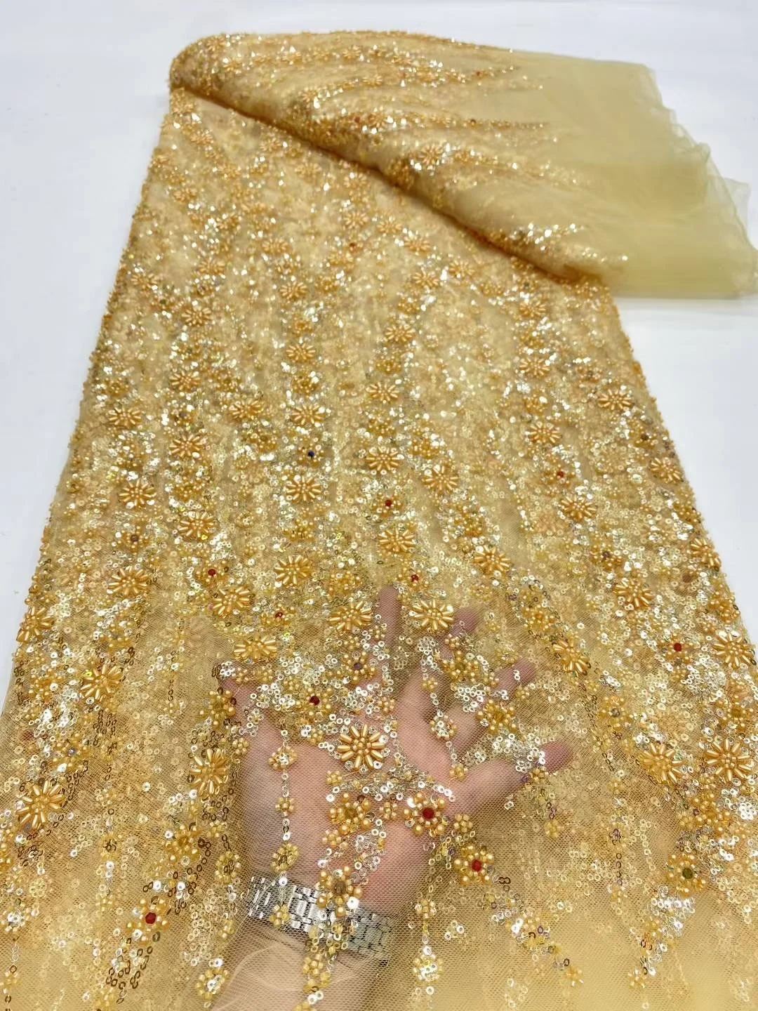 

2025 New Nigerian African French Guipure Tulle Lace Fabric 3DSequins Beaded Embroidery for Wedding Party Evening Dresses 5 Yards