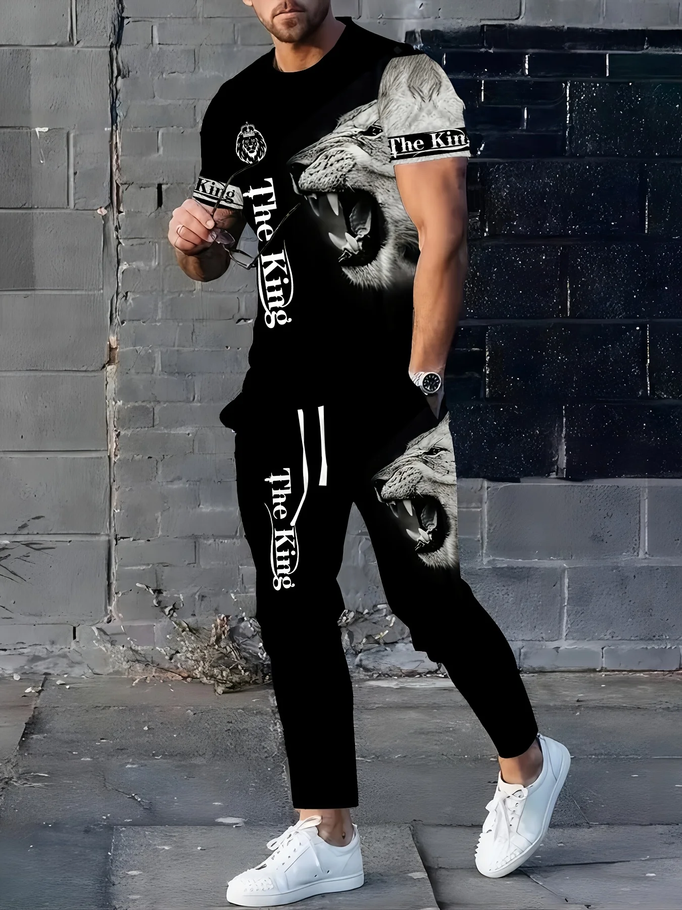 

Летняя крутая футболка и брюки с графическим принтом льва для мальчиков, повседневный комплект из 2 предметов, быстросохнущая модная удобная спортивная одежда