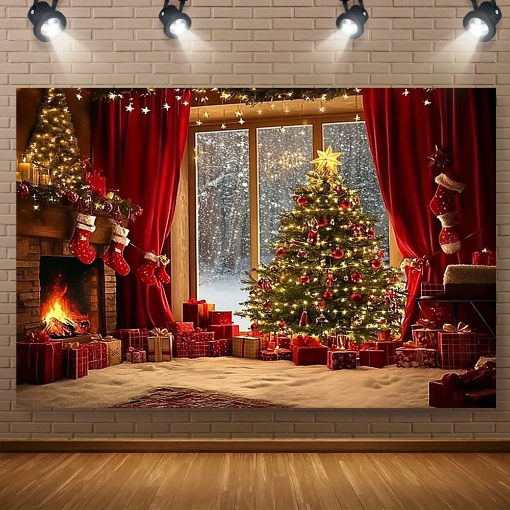 Ein festlicher Weihnachtsbaum- und Kamin-Polyester-Hintergrundstoff – eine warme, festliche Szene, perfekt für die Raumdekoration