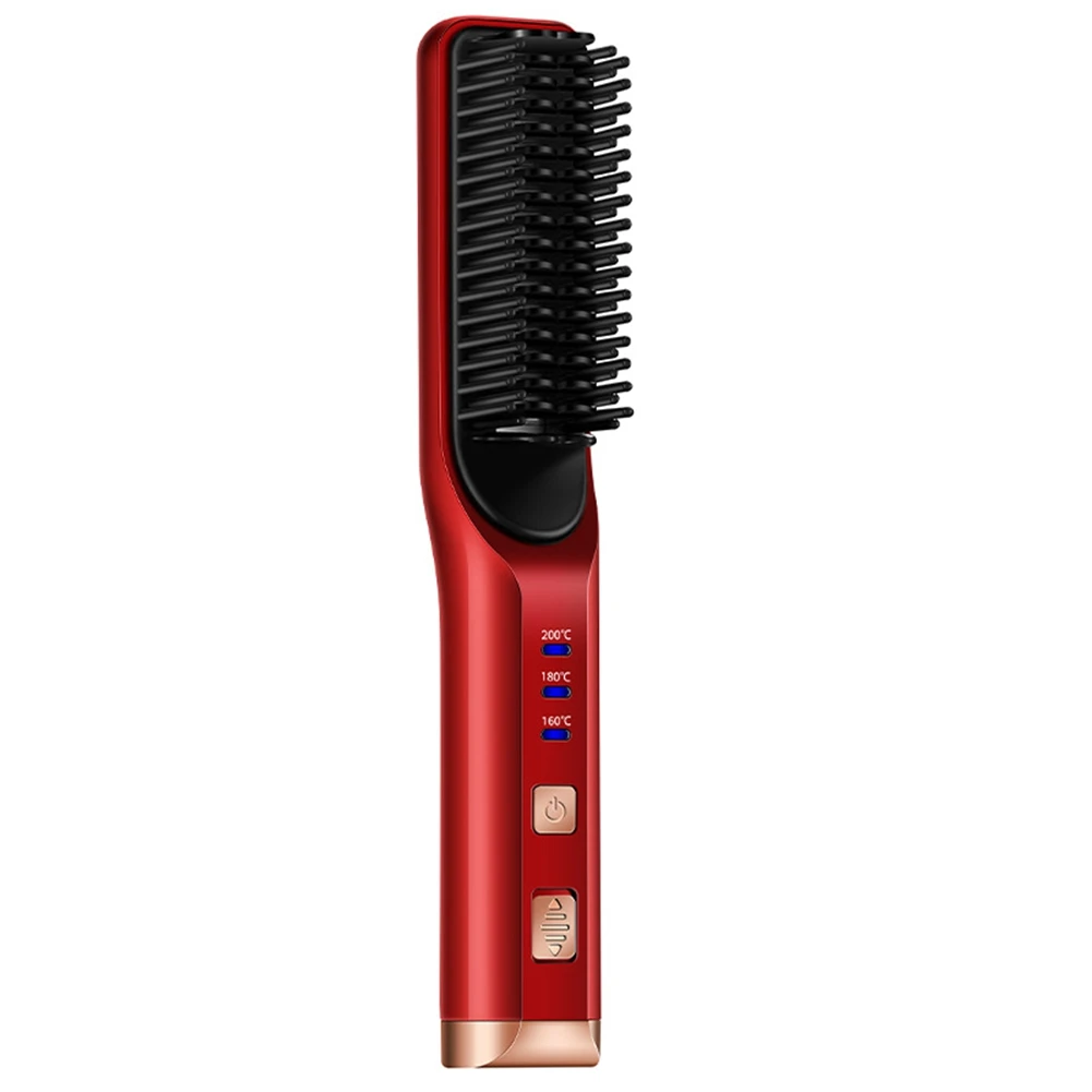 

2 In1 Multifunctional Straight Hair Comb Portable Hair Straightener Curling USB Charge Straight Hair Brush Red