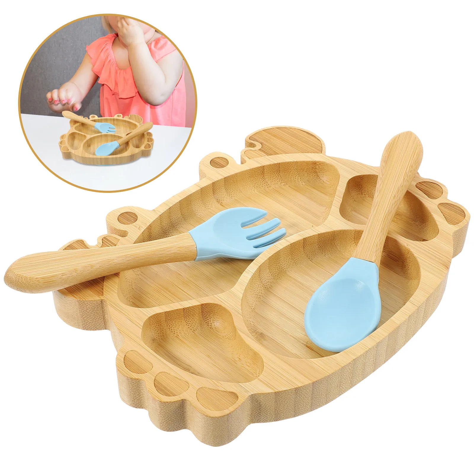 

1Set Bamboo Baby Suction Toddler Plate Set Divided Plate Spoon Fork Kids Cute Plates Toddler Feeding Supplies Baby Plates