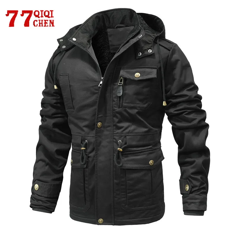 Winter Thick Parkas Men 100% Cotton Fleece Hooded Jackets Multi Pocket Wear Resistant Durable Mid Length Jacket Male Warm Coats