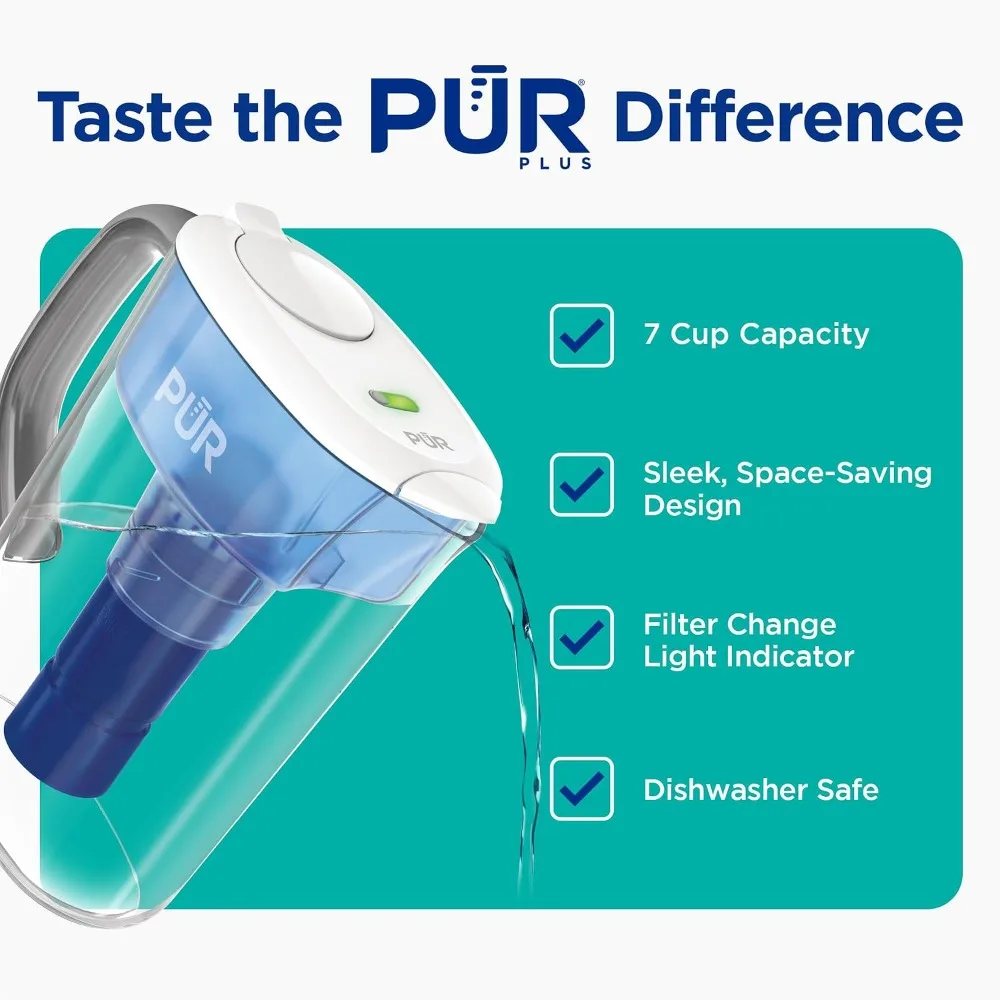 7-Cup Water Filter Pitcher for Fridge, Cleaner Great-Tasting Water, Dishwasher Safe, Powerful Filtration, Change Light Indicator, LockFit Cap Design, White