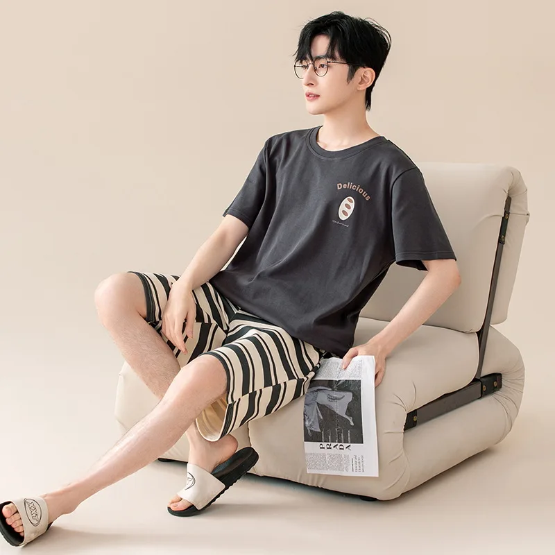 

Summer Cotton Sleepwear for Men Breathable Loose Short Sleeve Homewear Two Piece Pajamas Man Night Dress