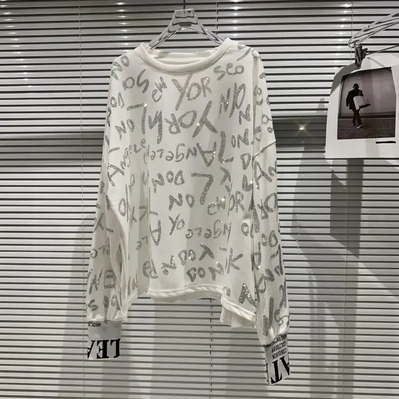 Letter Rhinestone round Neck Pullover Thin Hoodie 2023 Spring Autumn New Hot Drilling Long Sleeve Stitching Sweatshirt for Women