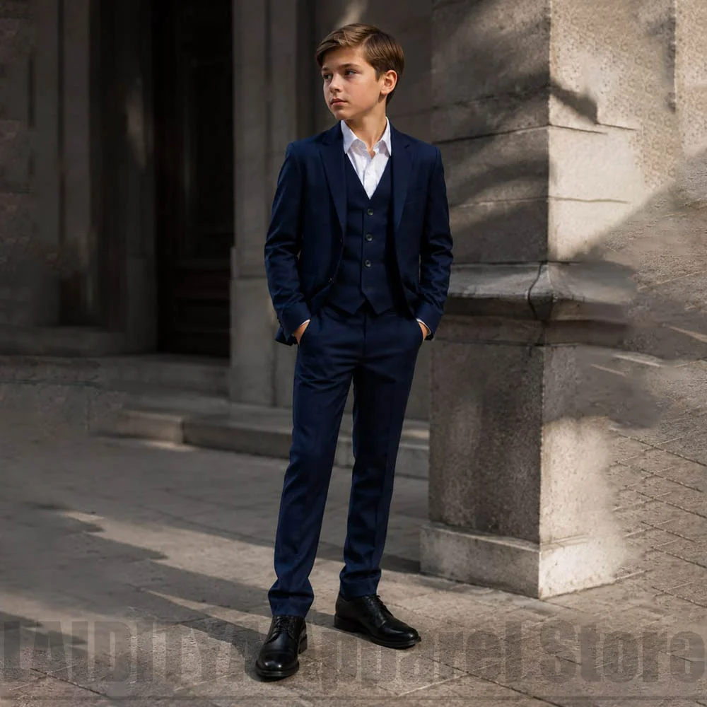Navy Blue Kids Boy Suit Three Piece Slim Fit Formal Notch Lapel Blazer Waistcoat Pants Outfit Wedding Party Birthday Clothes