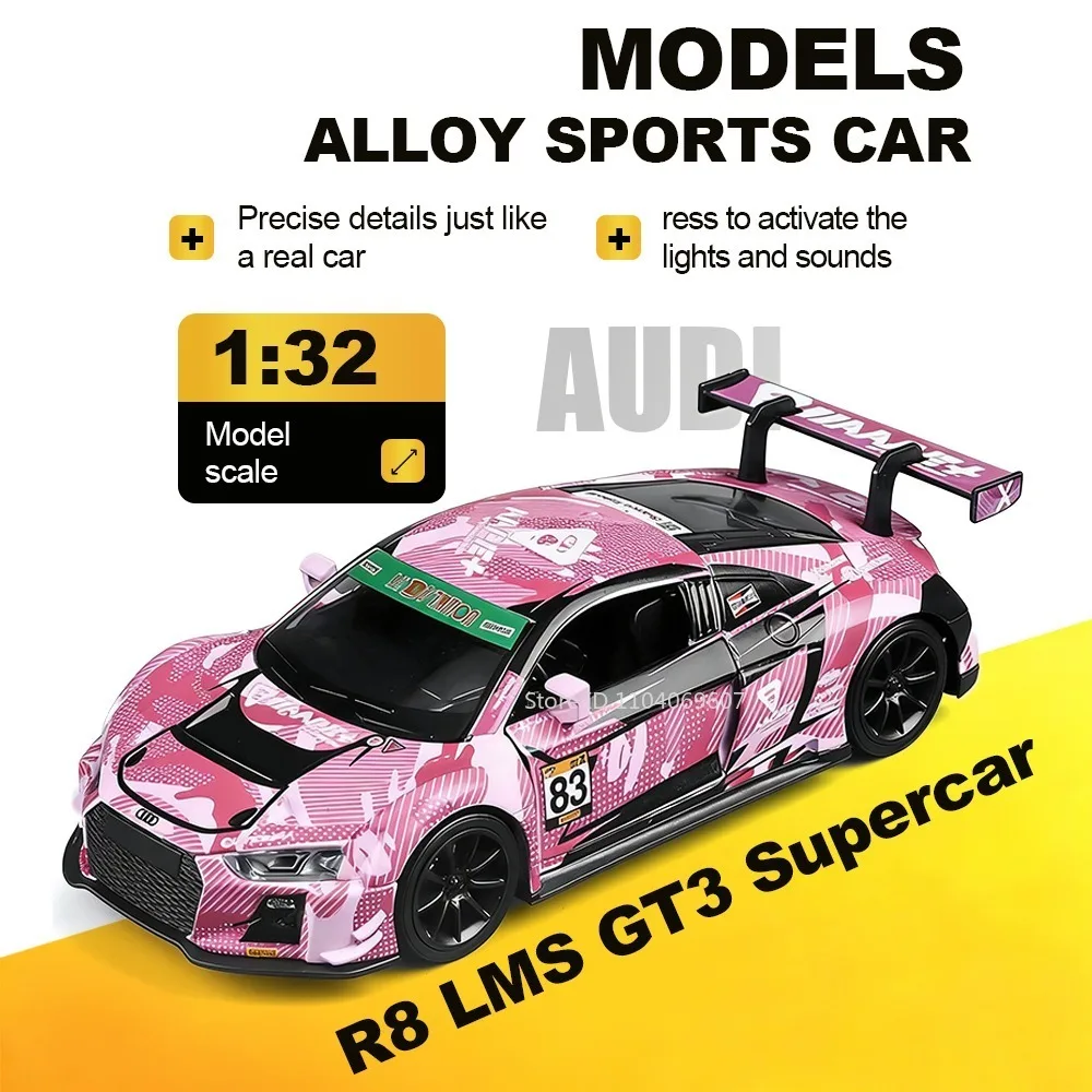

Модель спортивного автомобиля Audi R8 LMS GT3 в масштабе 1:32, литая под давлением, из сплава, с открывающимися дверями, функцией отката, звуком и светом, коллекционная.
