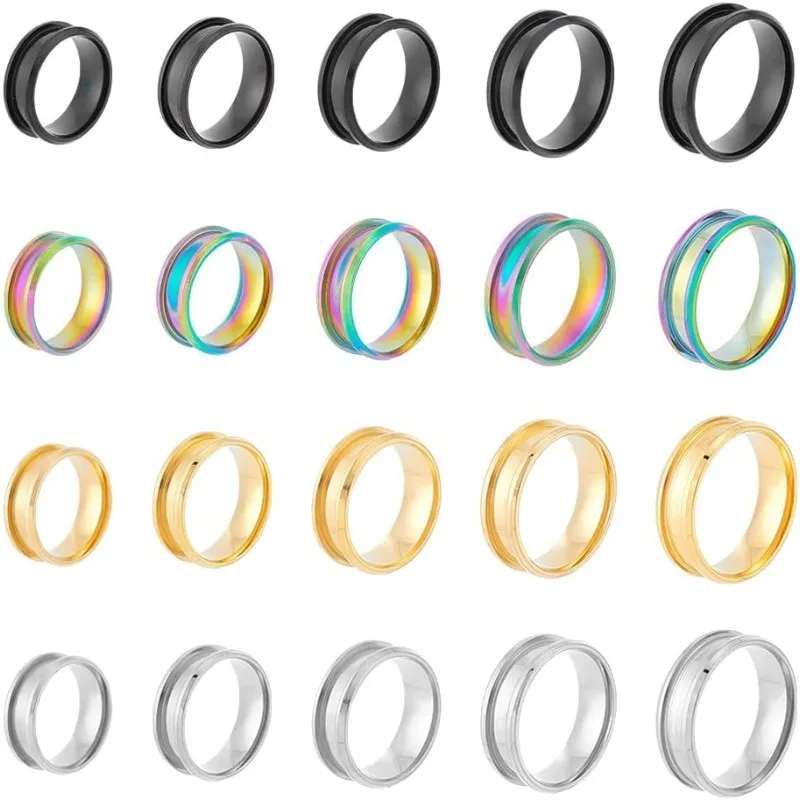 20Pcs 4 Colors Blank Core Ring Size 8-12 Stainless Steel Grooved  Round Empty  for Inlay  Jewelry Wedding Band