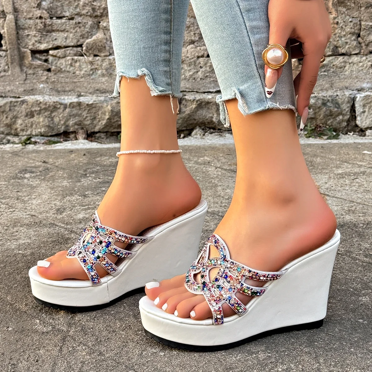 2025 New Women Sandals Summer Sequined Shoes Casual Family Women High Heel Slippers Anti -Slip Beach Hollow Female Sandals