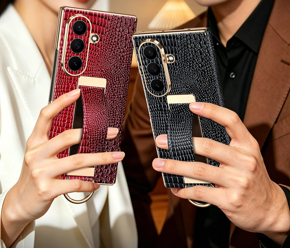 Crocodile Texture Leather Case for Samsung Galaxy Z Fold 7, Hand Strap Stand, Luxury Drop Protection Back Cover