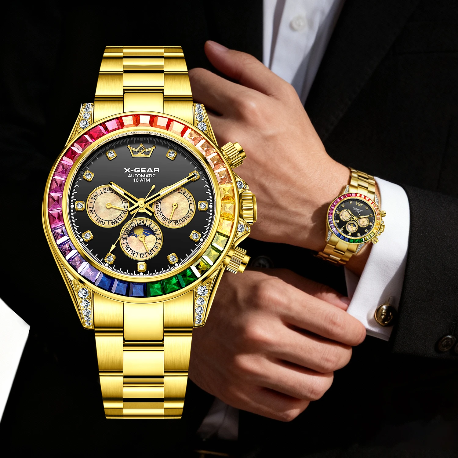 ساعة X-GEAR الفاخرة للرجال ثلاثية الطلب الفرعي 6 أيدي حركة ميكانيكية مضيئة مقاومة للماء نمط الأعمال