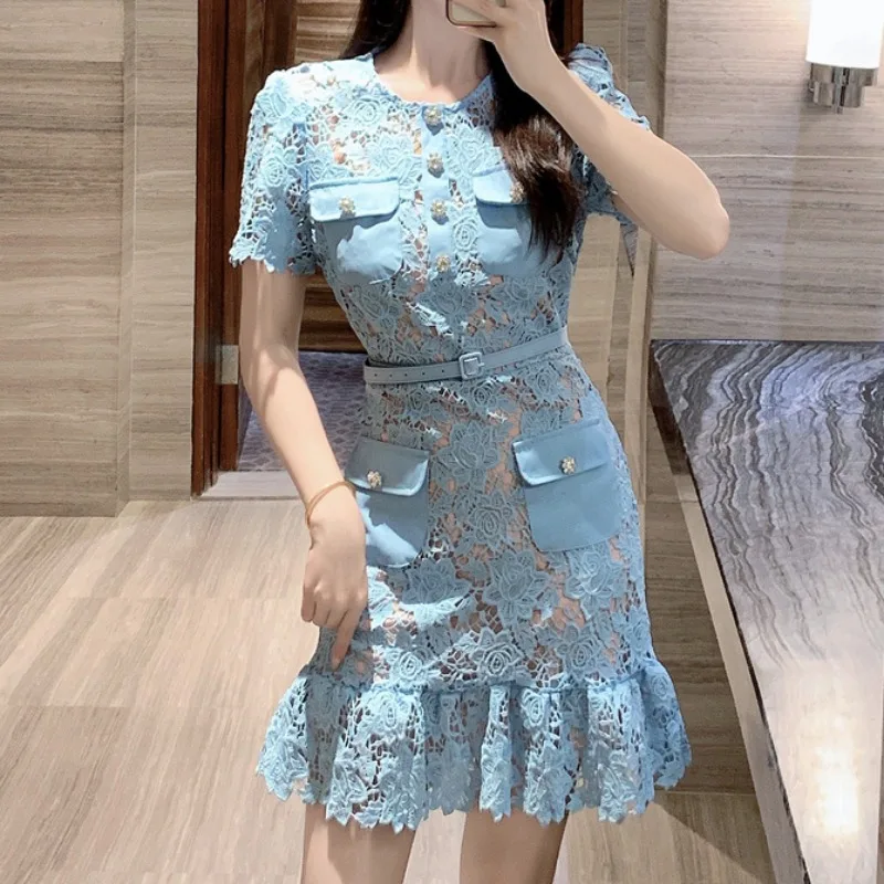 Blue Lace Elegant Women Dress Summer with Sashes Hollow Out Holiday Party Vestidos Streetwear Runaway Design Dresses Bodycon