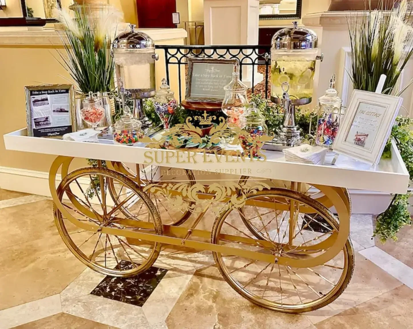 

Candy Bar Cart Party Decoration White Wooden Candy Dessert Trolley Carts for Wedding