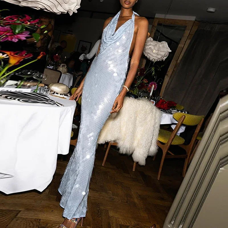 エレガントなホローアウトクラブパーティードレスセクシーローカットバックレススリムフィットガウンロングドレスファッションシャイニーシークインズレディースホルタードレス