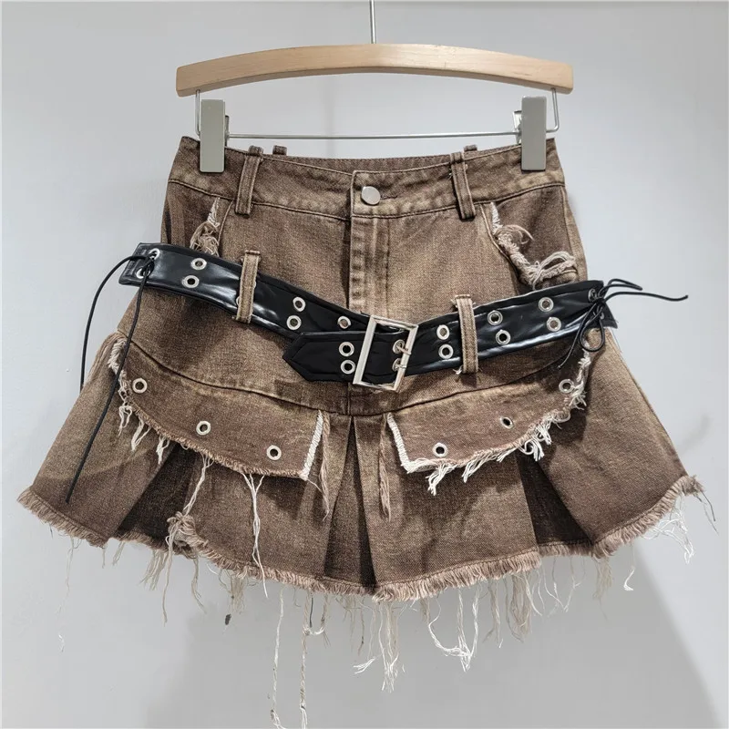 

Denim Pleated Skirt Women Distressed Mini Skirts Frayed Edge High Waist Summer 2026 Vintage Washed Streetwear Female A Line