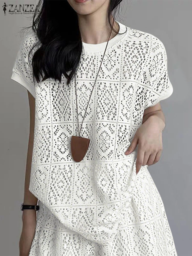 

Solid Lace Blouse Women Hollow Out Tops ZANZEA 2025 Summer See Through Cover-Ups Beach Pullovers Casual Short Sleeve Blusas