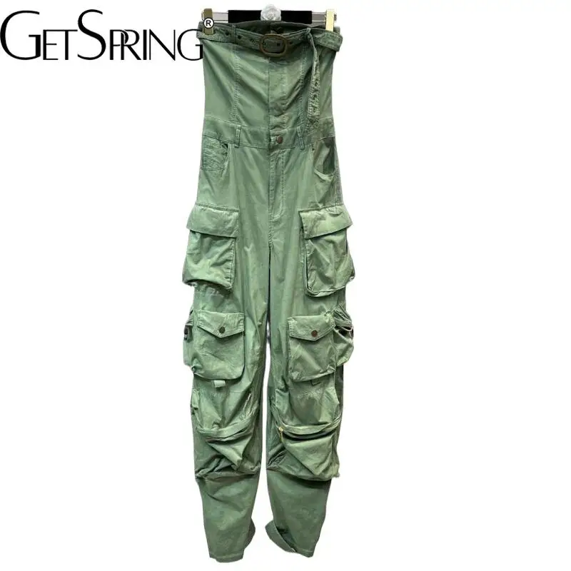 

GetSpring Women Jumpsuit 2024 Autumn Sleeveless Strapless High Waist Belt Multi Pockets Design Loose Casual Long Cargo Pants New