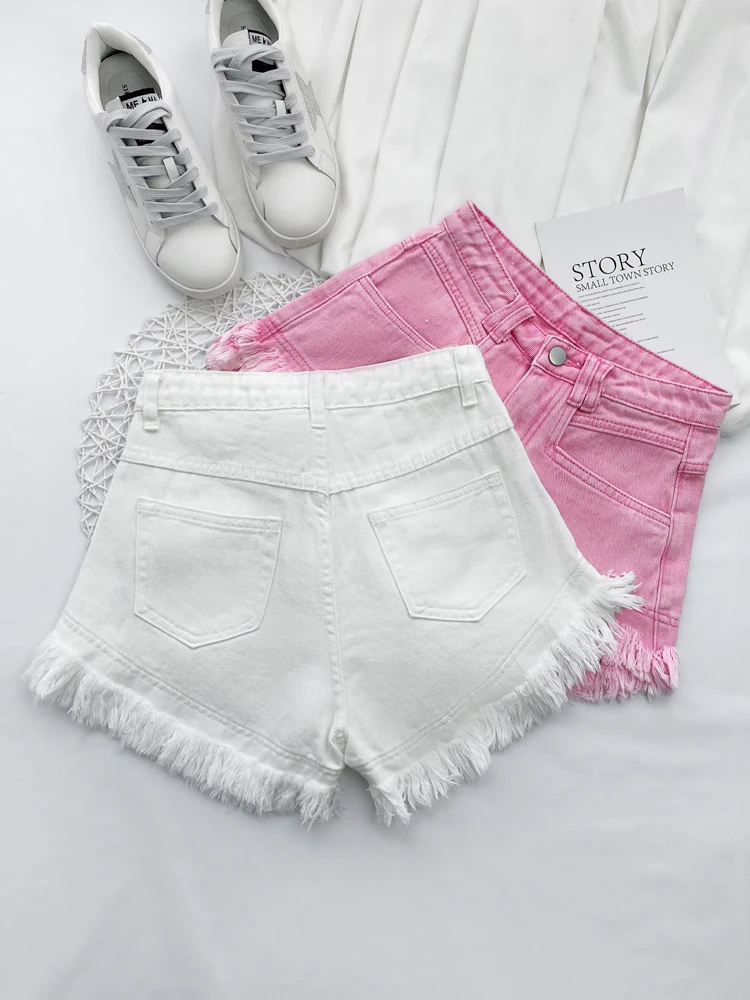 White Denim Shorts Women New High-Waist Ripped Fringed Burr Hot Pants 2023 Summer Loose Wide-Leg Korean Style Short Femme