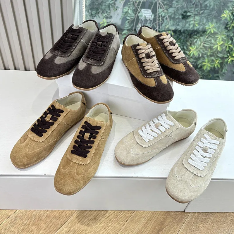 

Retro Color Blocked Flat Bottom Casual German Training Shoes for Women, Round-Toe Frosted Cowhide Sports Forrest Gump Shoes