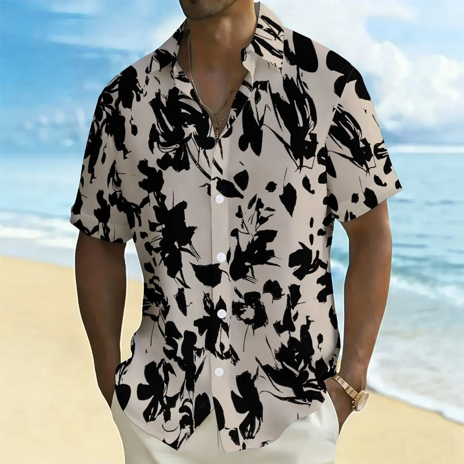 Men Floral Print Short Sleeve Shirt Turn Down Collar Button Up Casual Business Office Daily Wear Shirts