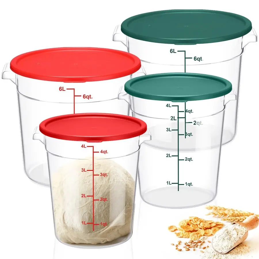 

4 Set 6 Quart 4 Qt Round Food Storage Containers with Lids Clear Proofing Container for Dough Bread with Scale Handle Home Resta