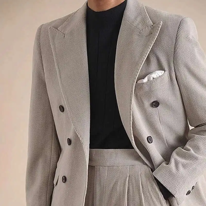 Casual Double Breastedฤดูใบไม้ร่วงหนาCorduroyเจ้าบ่าวผู้ชายTuxedoชุดนักออกแบบSlim Fitธุรกิจชุดแนวโน้มTraje Novio 2024