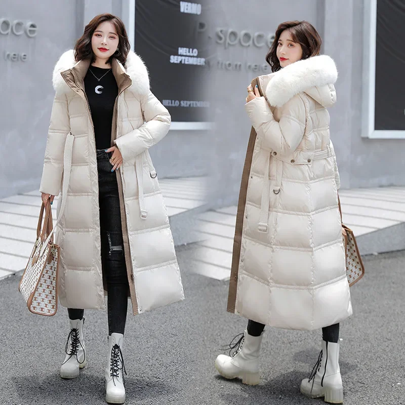 Long Down Cotton Parkas Jacket 2024 New Winter Women X-Long Faux Fur Collar Padded Jackets Thick Loose Large Size Down Overcoat