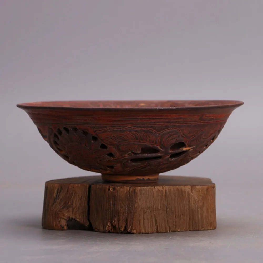 Song Yaozhou Ware Carved Dragon Double Layer Conical Bowl Aged Vintage Style Handmade Porcelain Home Decor Collectible