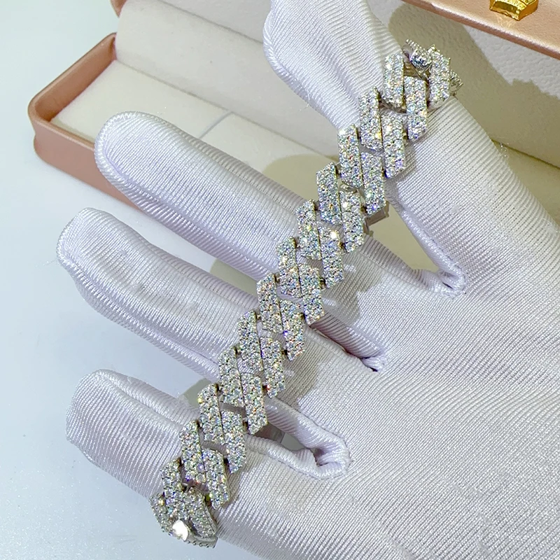 Hiphop 13mm D Color Moissanite Cuban Bracelet Necklace for Men Fine Jewelry White Gold Plated Maimi Chain Bracelets Bangle Gift