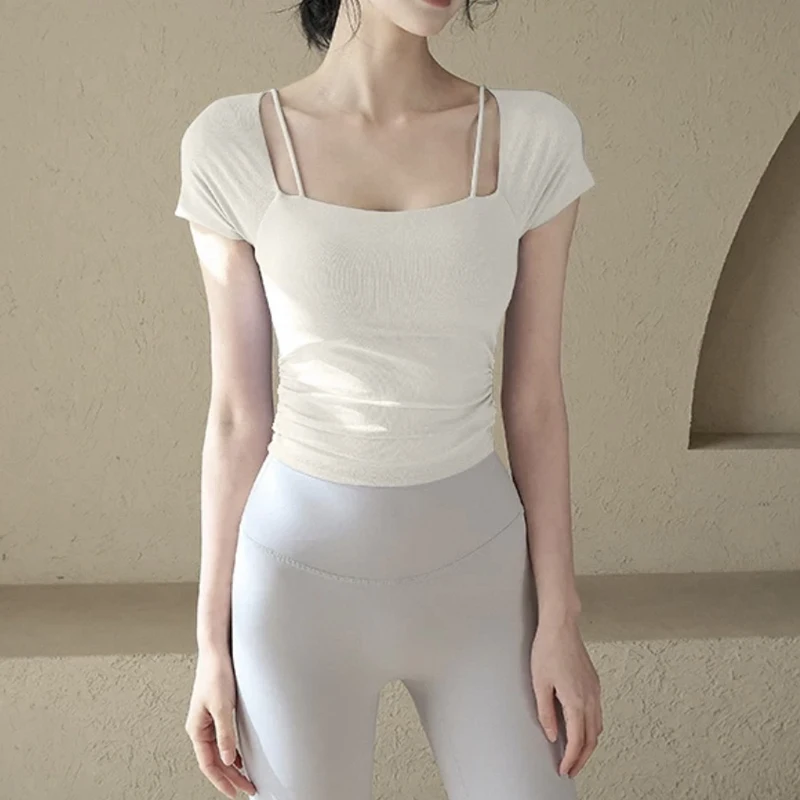 Women's Yoga Fitness Short Sleeved T-Shirt, Fixed Chest Cushion Mesh Fake Two-Piece Yoga Training Fitness Top