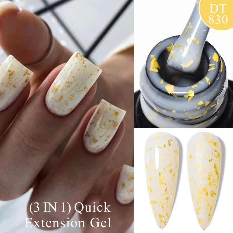 MEET ACROSS 7ML Gold Foils Glitter Quick Extension Gel Nail Polish Pink Gold Flakes Effect Finger Prolong Nail Art Builder Gel