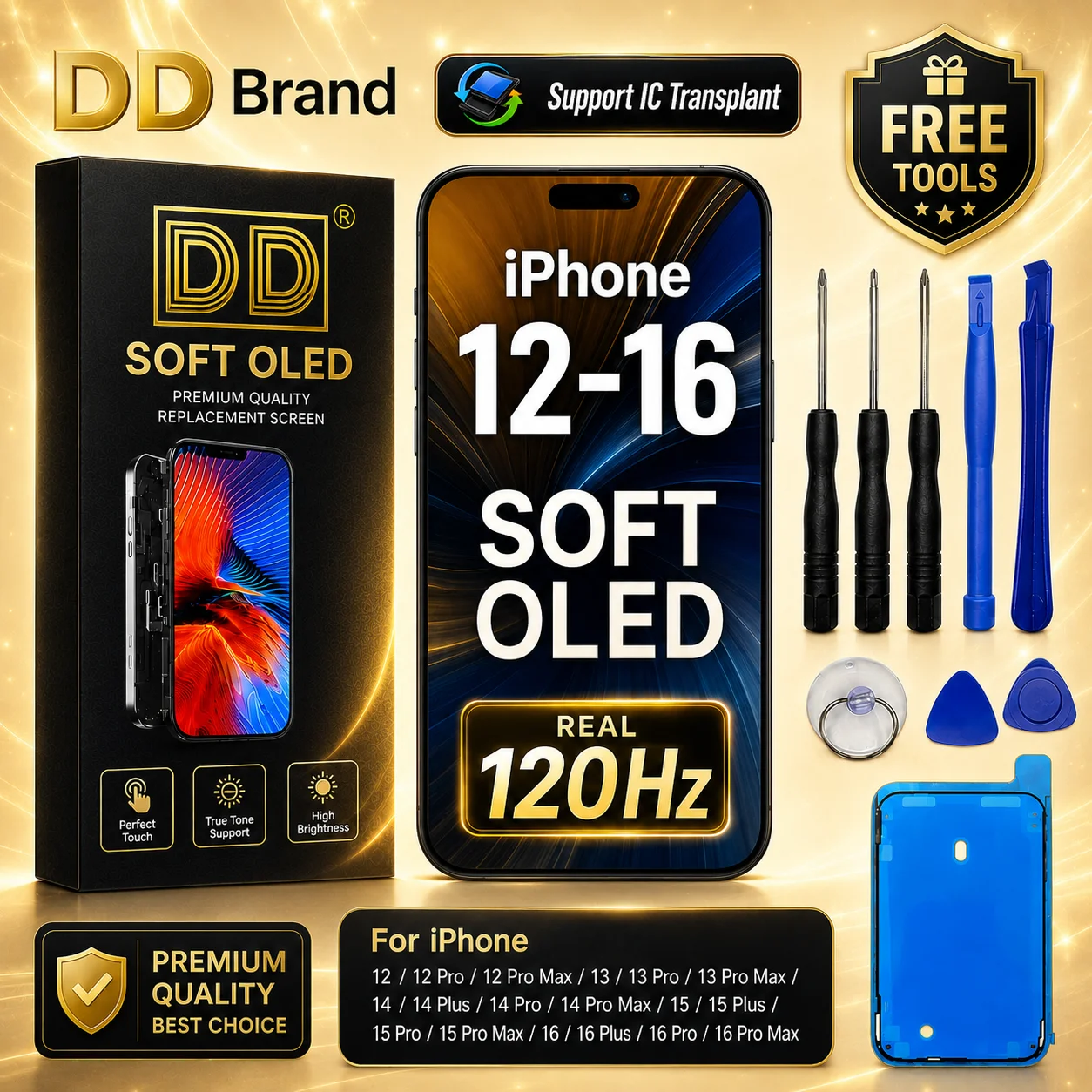 

DD Brand Flexible Soft OLED Display Screen 120Hz Refresh Rate Touch Digitizer Assembly for Iphone 12 13 14 15 16 Pro Max Plus