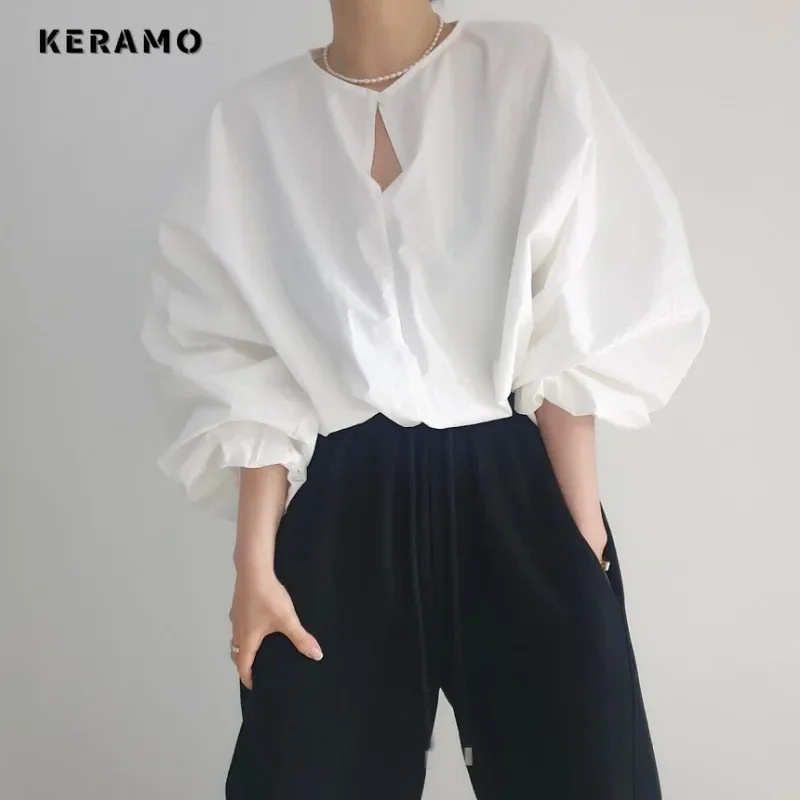 

2025 Spring Elegant Office Lady Solid Long Sleeve Shirt Women Causal Soft Luxury O-Neck Blouses Single Breasted Chiffon Tees Top