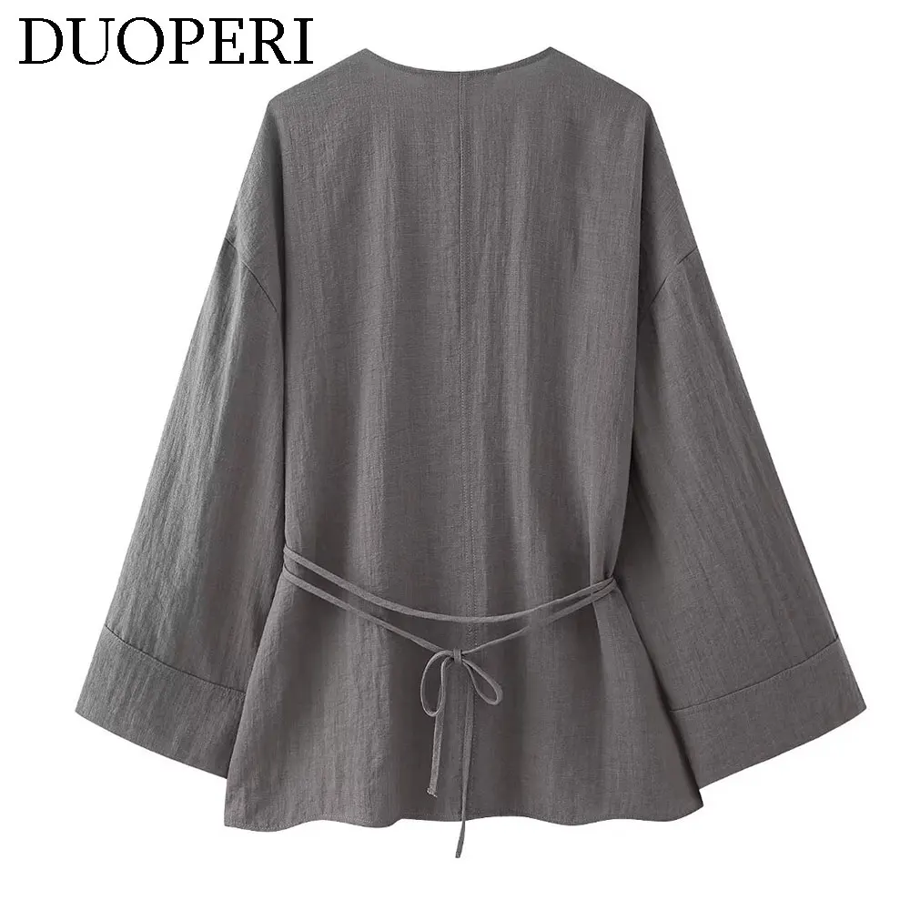 DUOPERI Women Fashion Loose Kimono Blouse V-Neck Long Puff Sleeves Feamle Chic Lady Casual Vintage Tops Shirt