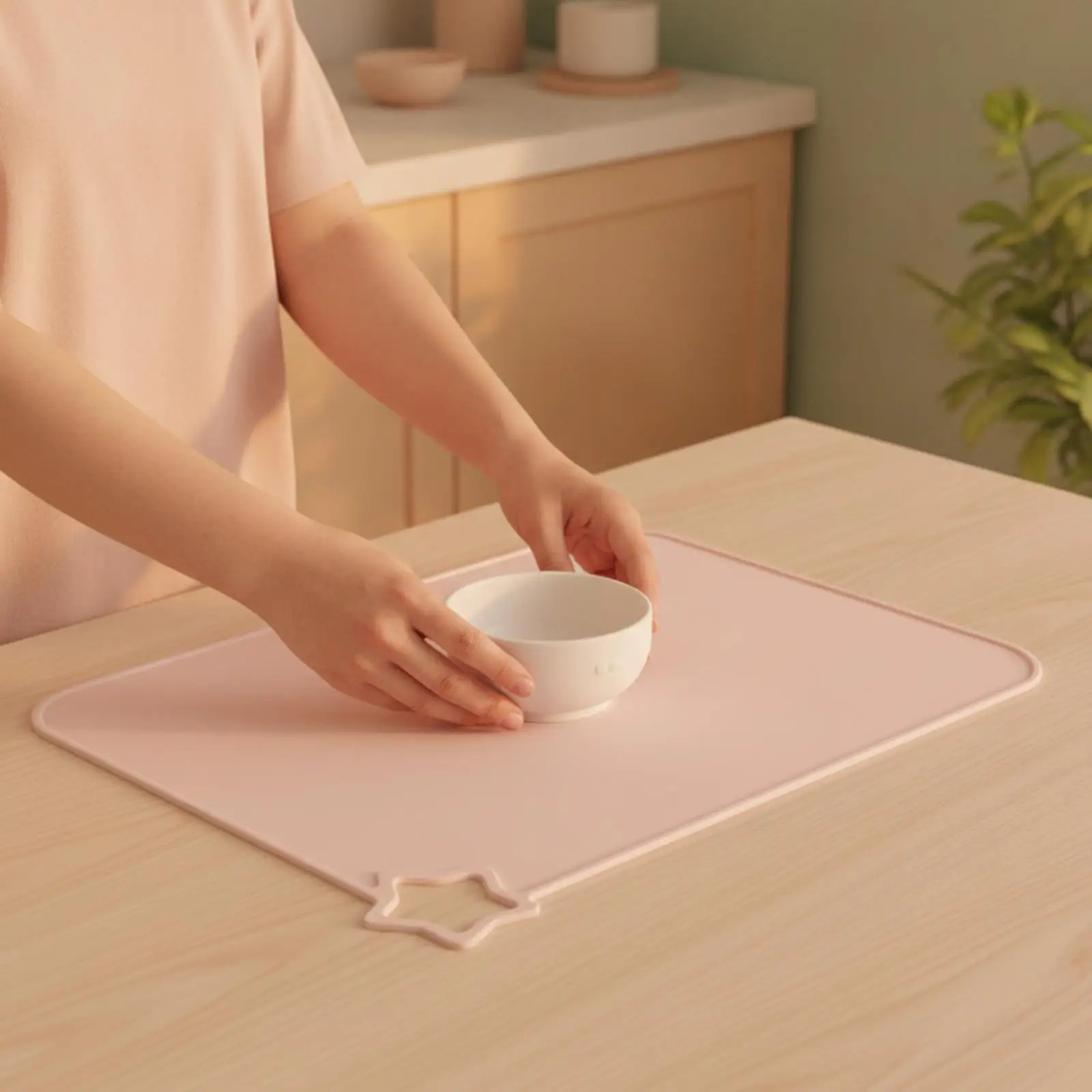 子供用コンパクトシリコン製プレースマット。星型の取っ手が付いており、拭き取りやすく、持ち運びにも便利。
