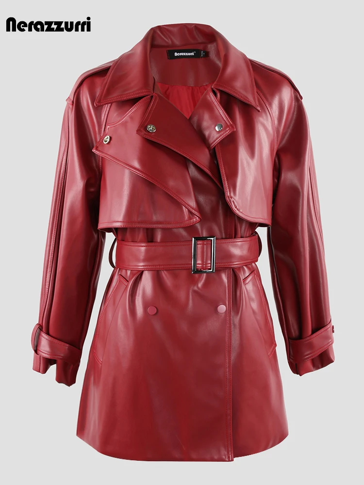 Nerazzurri Spring Autumn Luxury Elegant Chic Soft Wine Red Faux Leather Trench Coat for Women Belt High Quality Clothing 2023