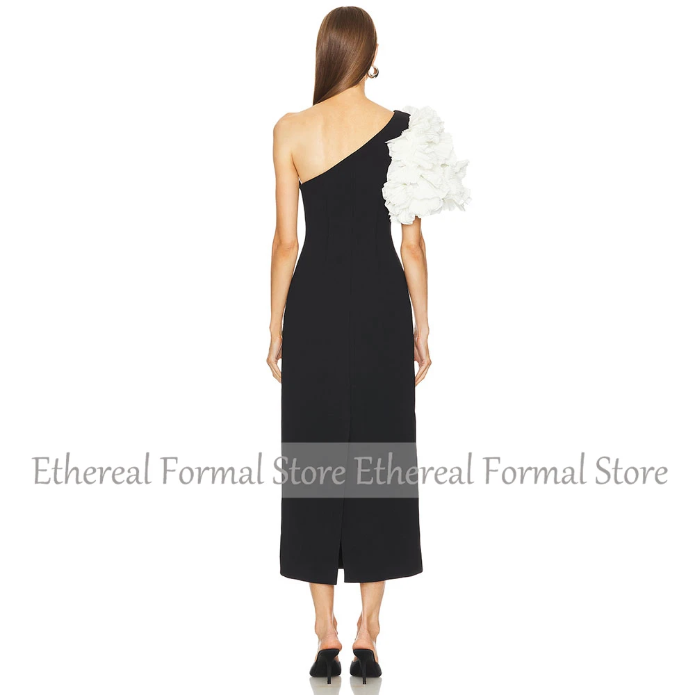 Elegant Black One Shoulder Women's Evening Gown Ruffles A Line Evening Dress Simple Tea Length Formal Slit Party Dress 2025