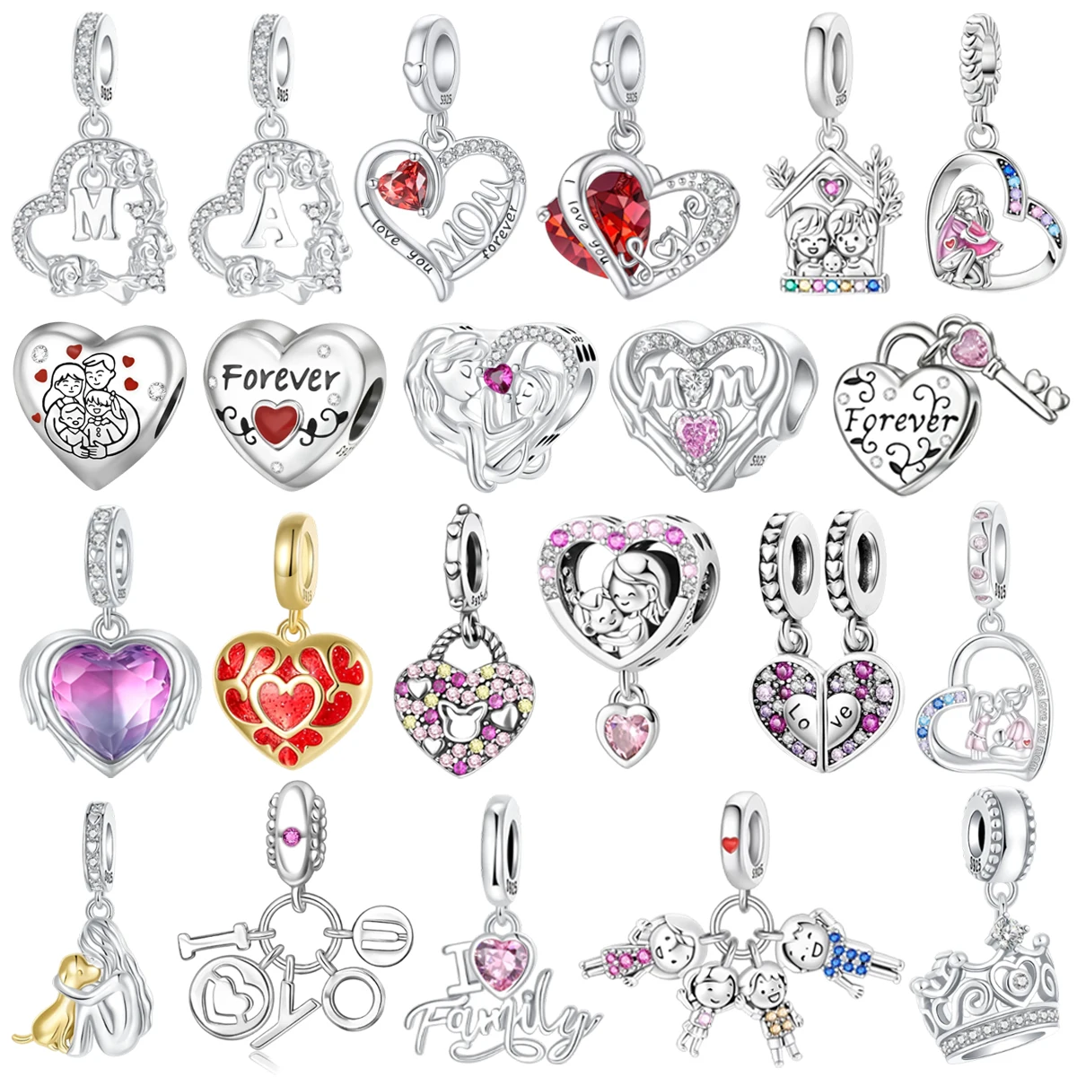 

New 925 Sterling Silver Mother's Day Themed Love Family Crown Pendant Beads fit Original Bracelets Necklaces DIY Jewelry Gifts