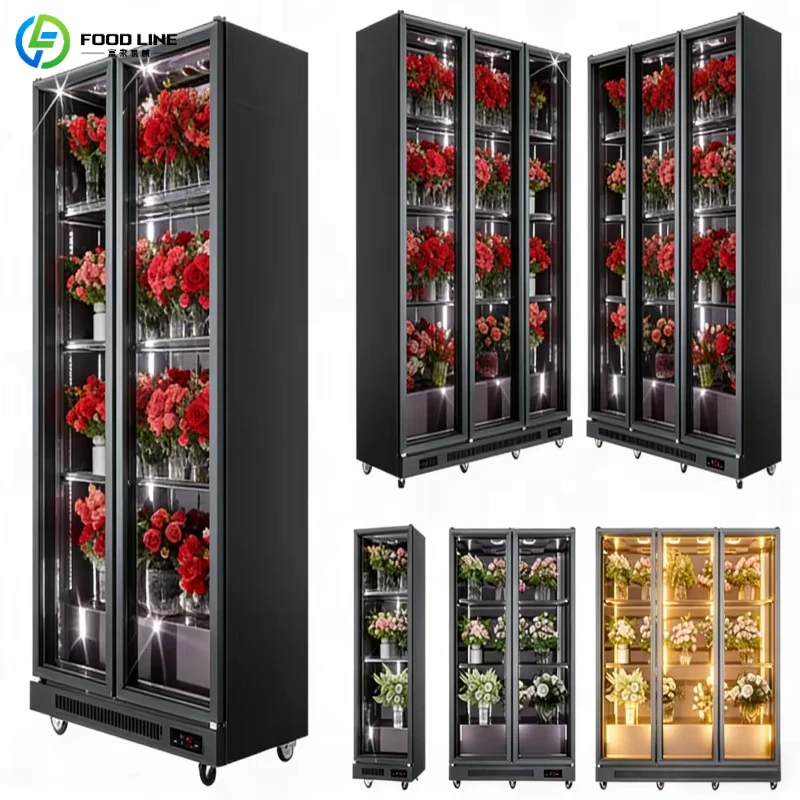 Customized Wholesale Flower Display Cooler MOQ 2 Adjustable Temp Anti Fog Glass Vertical Standing Floral Showcase Cabinet