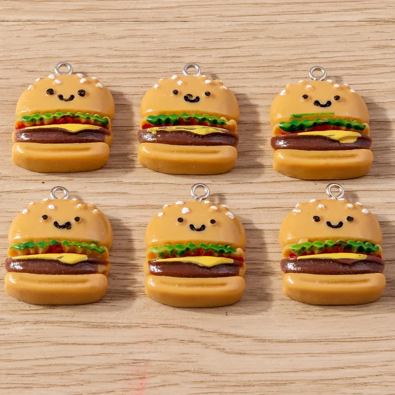 10pcs 20x28mm Cute Resin Food Hamburger Charms Pendants for Jewelry Making Necklaces Earrings Bracelets DIY Handmade Crafts Gift