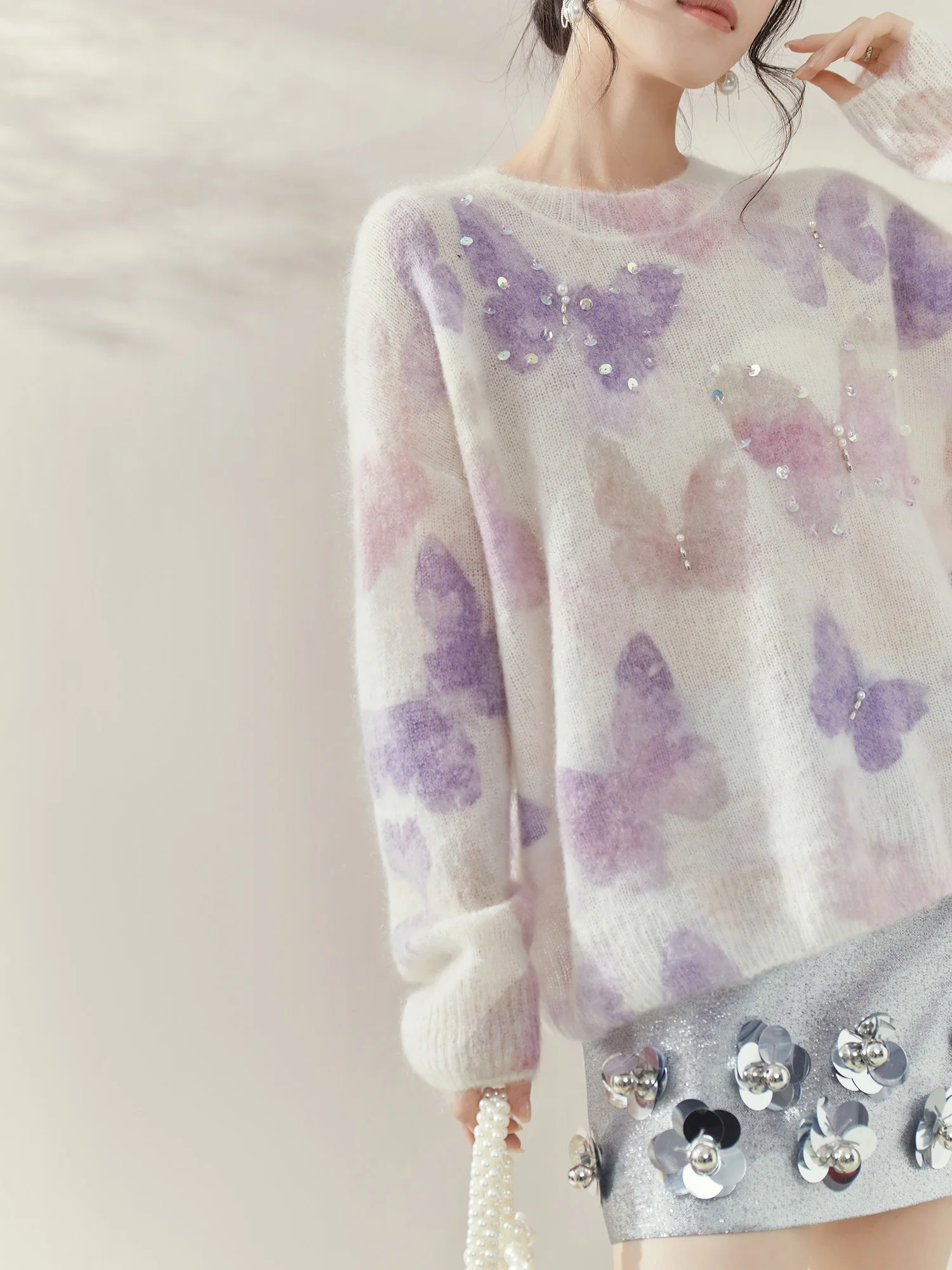 

Романтический вязаный свитер с принтом для женщин, осенний теплый джемпер из полиэстера с круглым вырезом и длинными рукавами