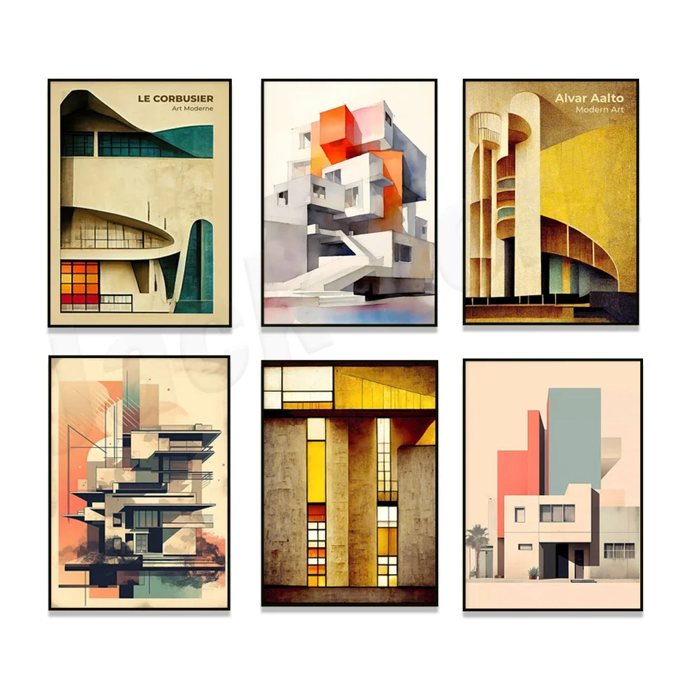 Architecture poster, Alvar Aalto architect, Le Corbusier architecture, fictional abstract facade, modern architecture wall art