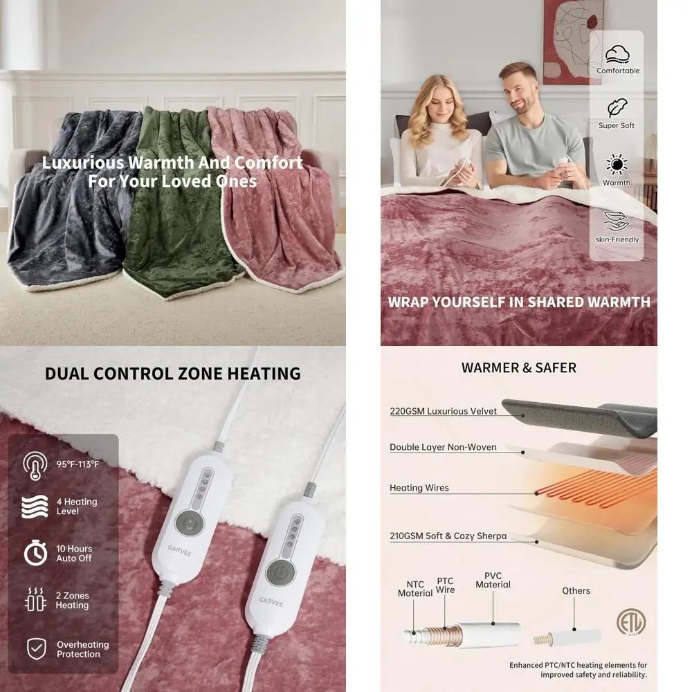 

Pink Velvet Dual-Control Electric Blanket, 4 Heat Levels, Auto-Off, Overheat Protection, ETL Certified, 84x90