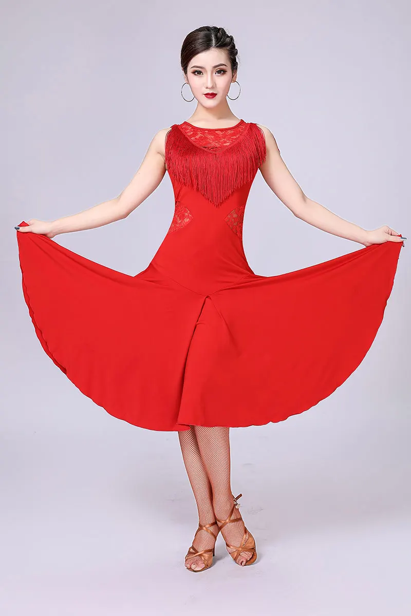 Laço vermelho moda trajes de dança latina para mulher padrão trajes de dança de salão de baile treinamento vestido de dança latina