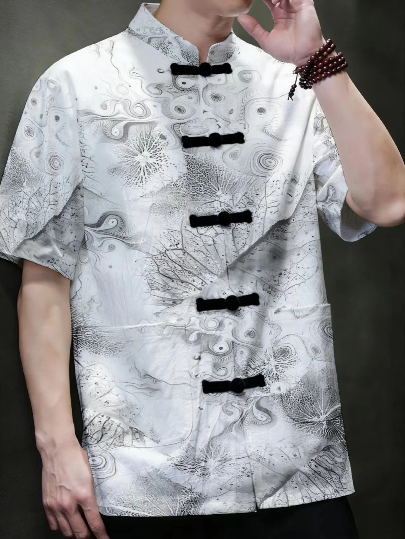 Men Men Mandarin Collar Frog Button Short Sleeve Shirt Retro Oriental Full Print Casual Outer Top With Dual Side Pockets - Aliexpress Deal