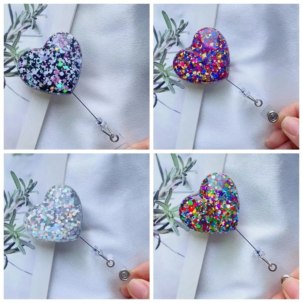 Love Heart Retractable Badge Holder Bling Glitter 360 Rotating Nurse Badge Reel ID Card Clips Name Card Easy Pull Buckle Doctor