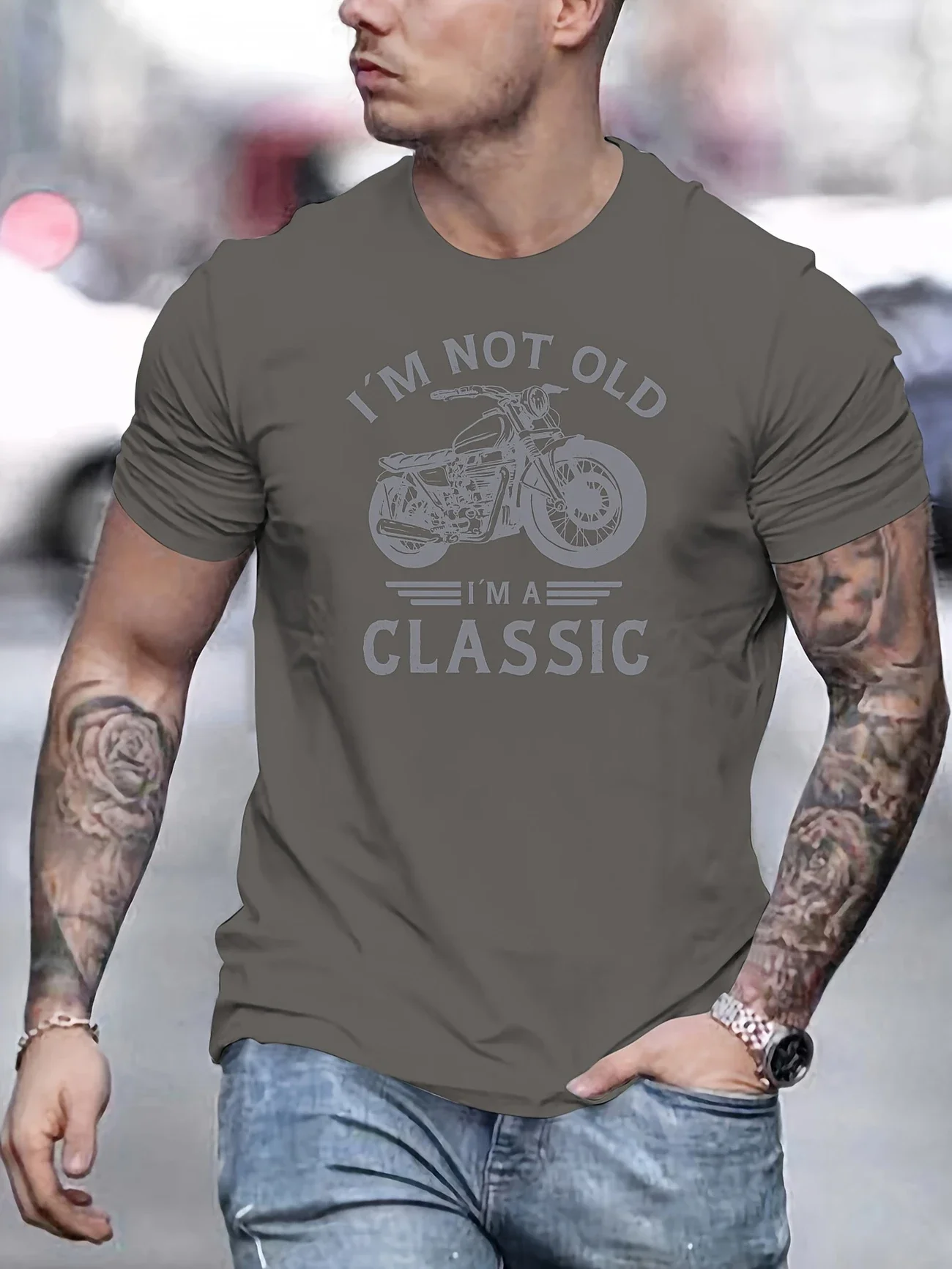 Summer casual men's retro motorcycle pattern "I'm not old, I'm classic" printed short sleeved round neck T-shirt, Father's Day g image 4