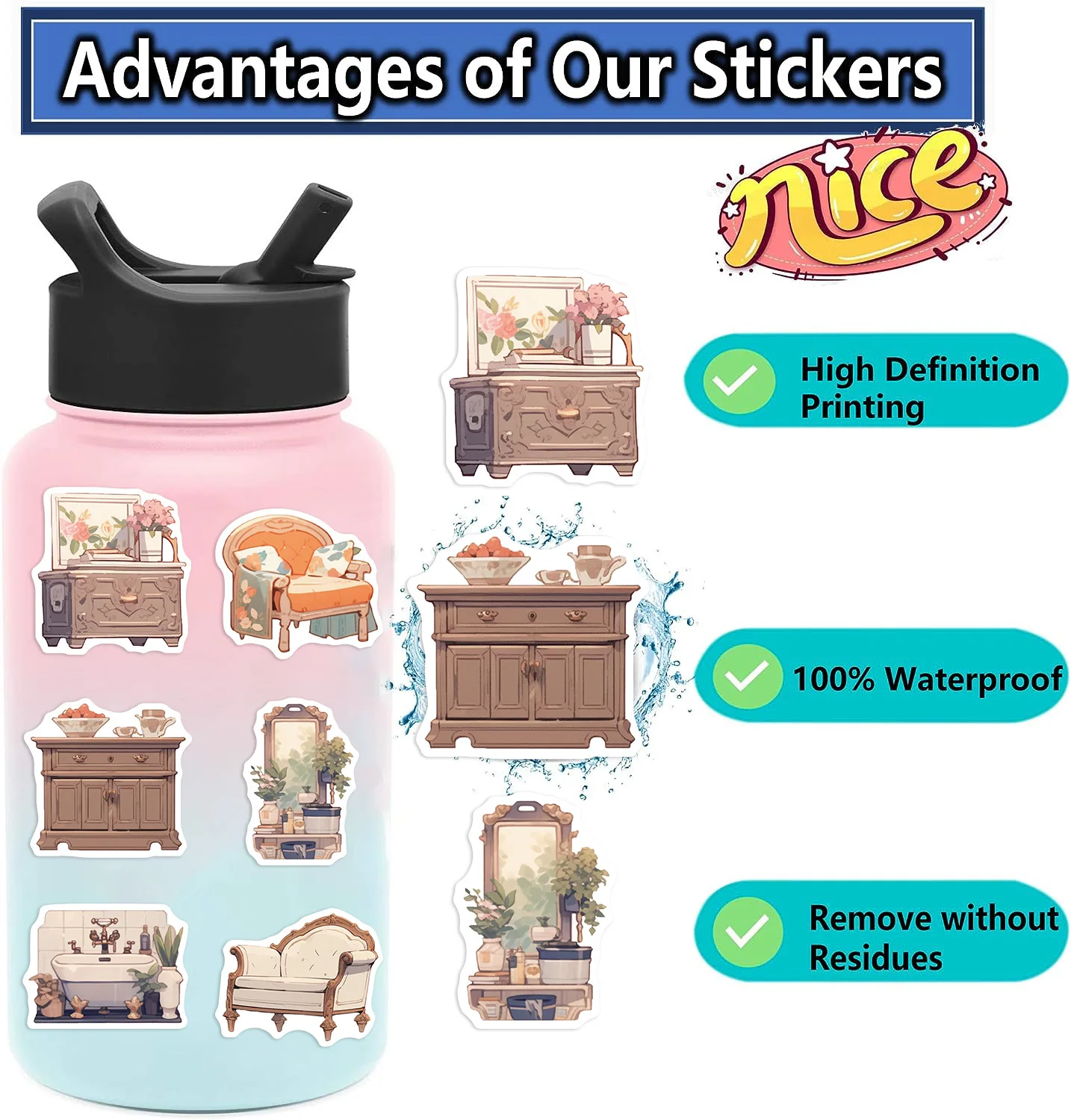 Furniture Stickers - 50 Pcs Cartoon Lovely PVC Kawaii Decals Funny Vinyl Decoration DIY